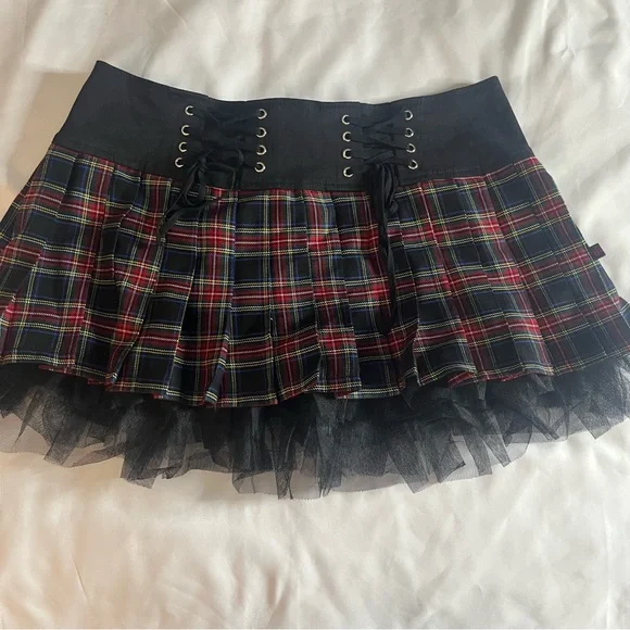 Royal Bones Daang Goodman Tripp Tartan Plaid Black Pleated Tulle Mini Skirt Sz M - Picture 6 of 10